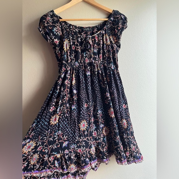 Anthropologie Lola P. Women Floral Mini Short Sleeve Dress Small Brown Boho - Picture 7 of 9